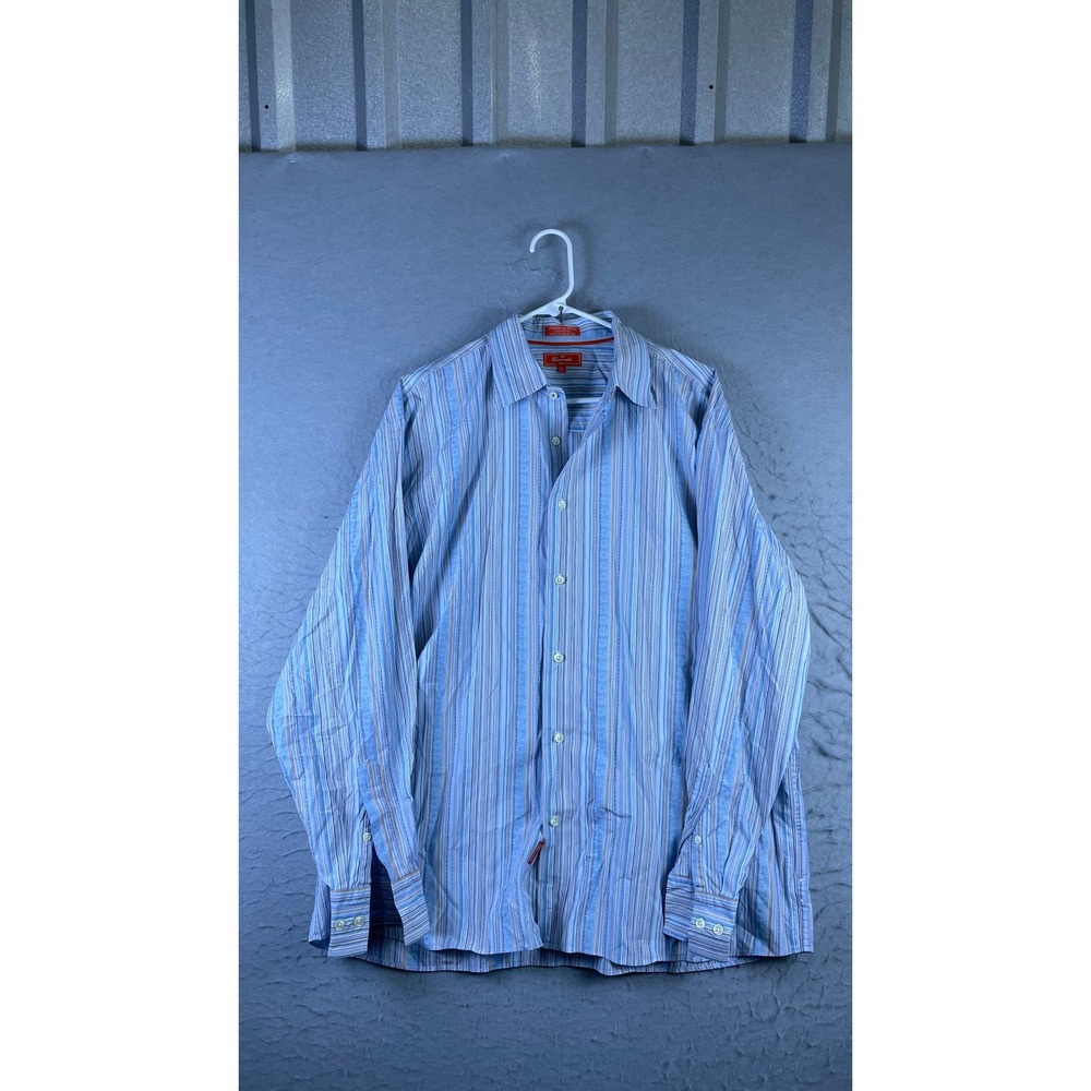 Faconnable Jeans Button Down Shirt Mens XL Blue Stripe Floral Excellent Cotton